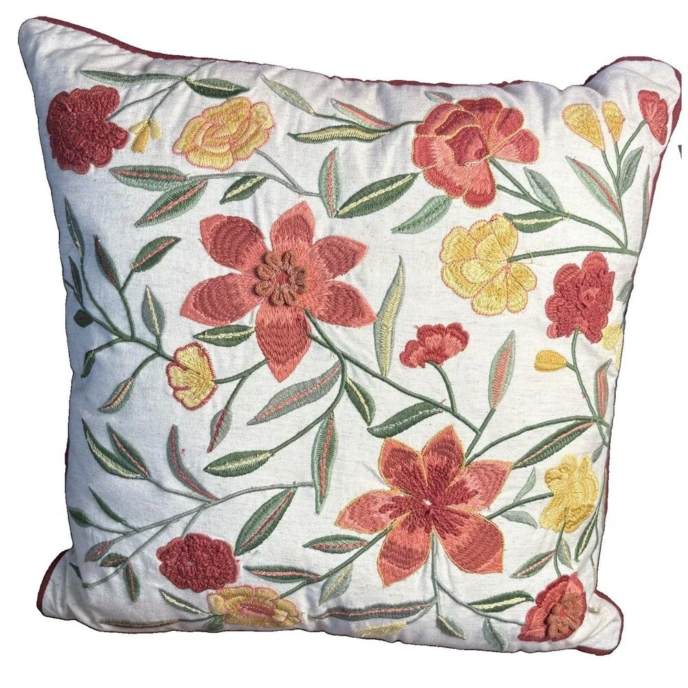 Pier 1 Imports Embroidered Floral Throw Pillow 18x18 Rust Cream Crewel Boho